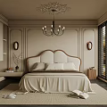 Elegant Modern Bedroom Interior With Upholstered Headboard Bed Chandelier Large Windows And Area Rug