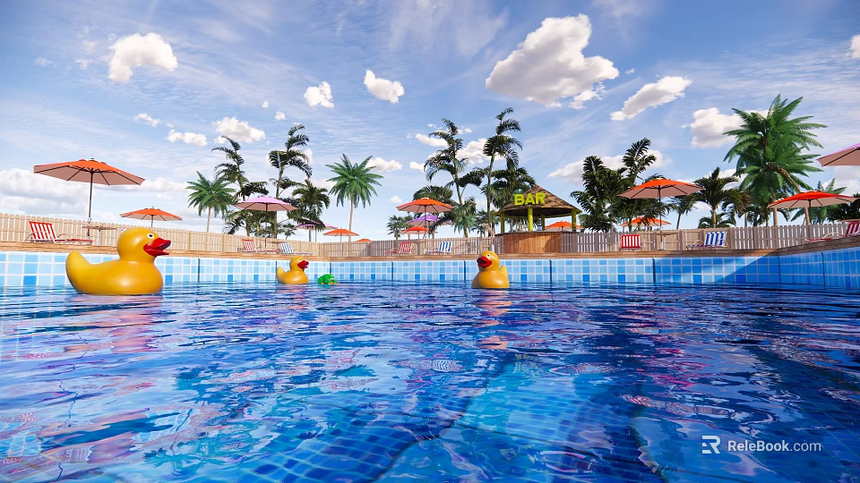 Blue Water Pool With Yellow Rubber Ducks Palm Trees And Umbrellas 3d model 