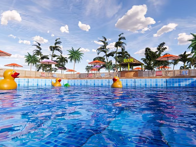 Blue Water Pool With Yellow Rubber Ducks Palm Trees And Umbrellas 3d model