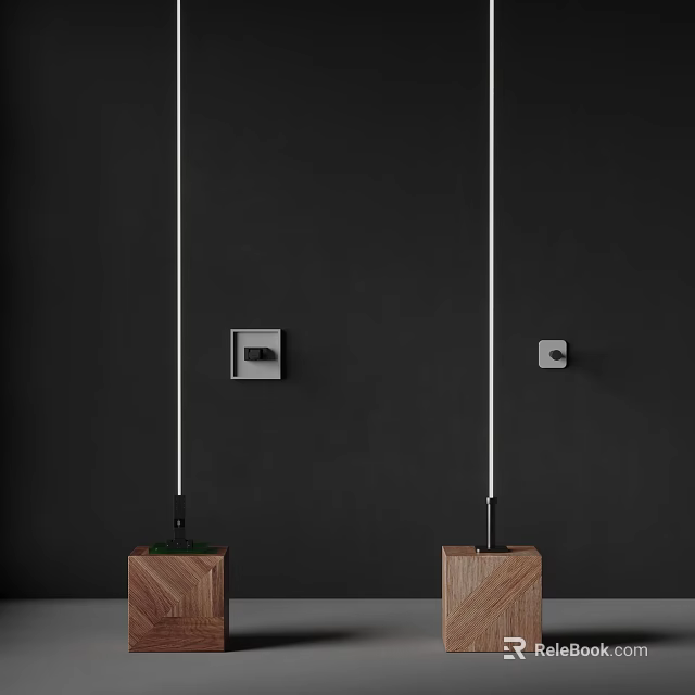 White Slender Decorative Lights With Wooden Square Bases Mounted On Dark Wall 3d model 