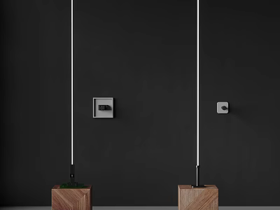 White Slender Decorative Lights With Wooden Square Bases Mounted On Dark Wall 3d model