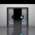 Futuristic Door Design With Blue Glowing Ring Circular Emblem And Illuminated Lines