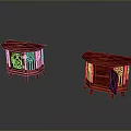 Two Red Chinese Style Carved Wooden Side Tables With Ornate Decorative Shelves
