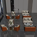 Elegant Modern Living Room Sofa Table Set With Orange White Sofas Round Coffee Tables And Floor to Ceiling Windows