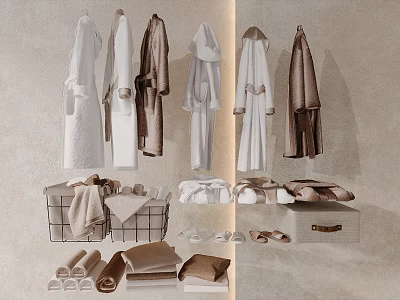 Cozy White Brown Bathrobes With Folded Towels Slippers And Storage Baskets 3d model