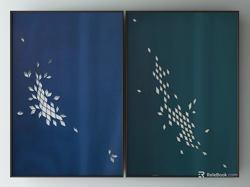 Two Decorative Paintings Featuring Navy Blue Dark Green Backgrounds White Geometric Leaf Patterns Black Frames 3d model