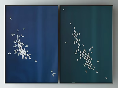 Two Decorative Paintings Featuring Navy Blue Dark Green Backgrounds White Geometric Leaf Patterns Black Frames 3d model