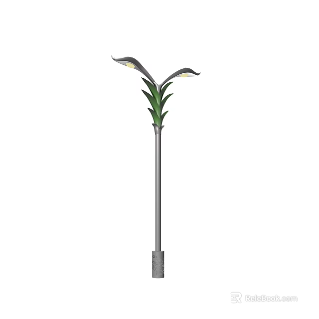 Stylish Outdoor Light With Silver Pole Double Light Heads And Green Leaf Decorations 3d model 