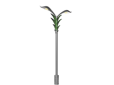 Stylish Outdoor Light With Silver Pole Double Light Heads And Green Leaf Decorations 3d model