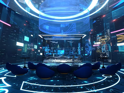 Futuristic Tech Control Room With Holographic Displays Blue Lighting And Seating 3d model