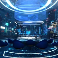 Futuristic Tech Control Room With Holographic Displays Blue Lighting And Seating