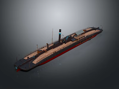 Vintage Steamboat With Wooden Deck Black Chimney And Red Hull As Classic Water Transport 3d model