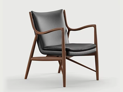 Modern Design Leisure Chair With Dark Brown Wooden Frame And Black Leather Cushion 3d model