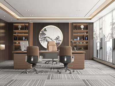 Modern Office Interior With Wooden Desk Office Chairs Bookshelves Circular Decorative Painting And Large Windows 3d model