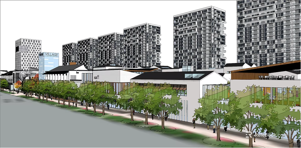 Vibrant Commercial Complex With Modern High Rise Buildings Traditional Architecture Greenery And Pedestrians 3d model 