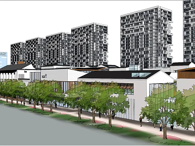 Vibrant Commercial Complex With Modern High Rise Buildings Traditional Architecture Greenery And Pedestrians 3d model