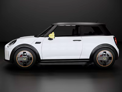 White Small Car With Black Roof Yellow Side Mirrors And Stylish Wheel Design 3d model
