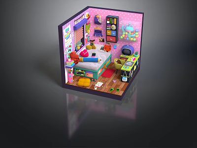 Colorful Kids' Room Interior Design With Bed Bookshelf Toys And Wall Decor 3d model
