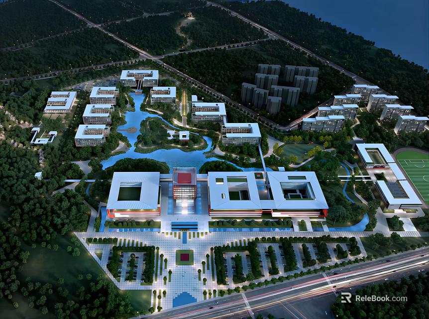 Aerial View of School Campus Buildings with Greenery Lakes Surrounding Trees and Road Networks 3d model 