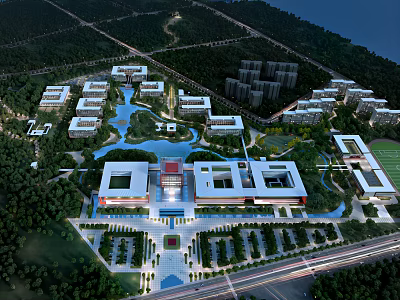 Aerial View of School Campus Buildings with Greenery Lakes Surrounding Trees and Road Networks 3d model