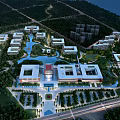 Aerial View of School Campus Buildings with Greenery Lakes Surrounding Trees and Road Networks