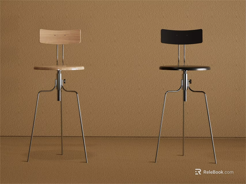 Modern Bar Stools With Wooden And Black Seats And Metal Frame Simple Design 3d model 