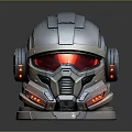 Futuristic Mechanical Armored Helmet With Silver Finish Red Visor And Circular Components