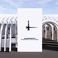 Modern White Exhibition Booth With Curved Grille Structure Display Shelves And Reception Counter