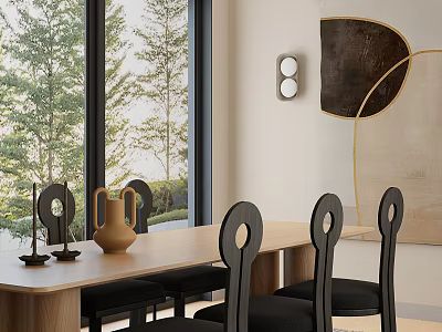Modern Restaurant Dining Area With Wooden Table Black Chairs Clay Vase And Green Trees View 3d model
