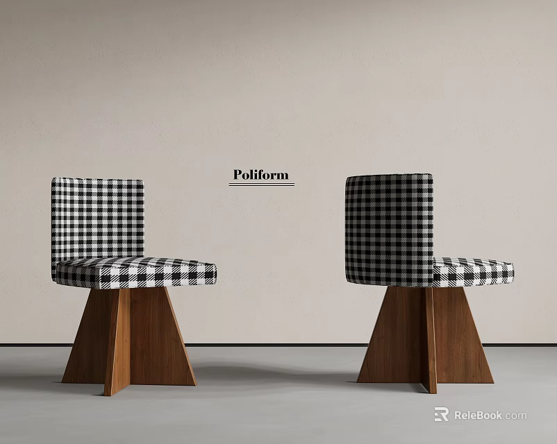 Black And White Checkered Modern Dining Chairs With Wooden Triangular Legs Design 3d model