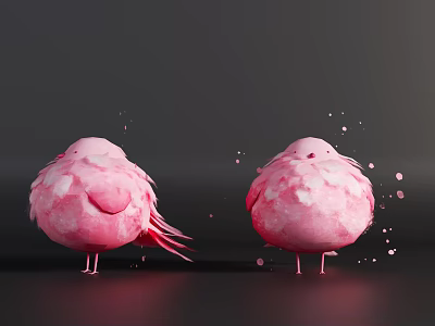 Pink Cotton Candy Like Birds Standing On Black Background With Floating Pink Dots 3d model