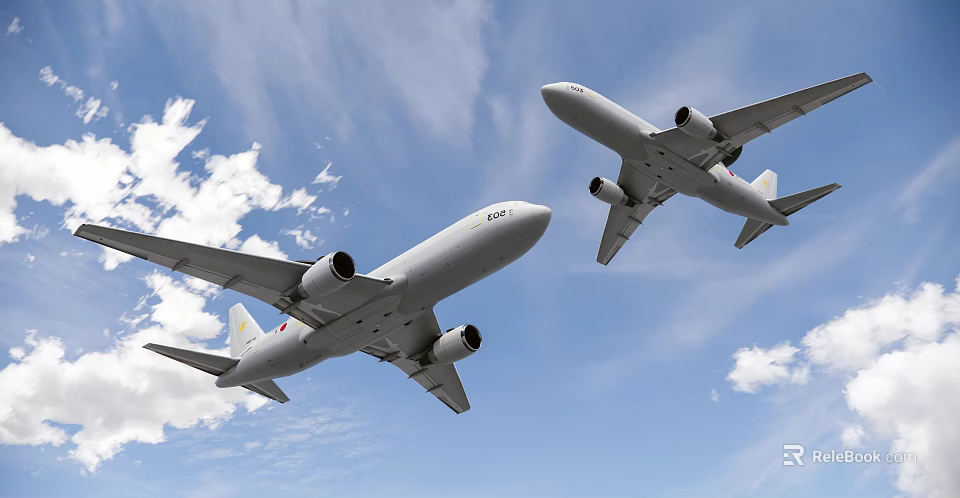 Two Passenger Planes Flying Together in Clear Blue Sky with White Clouds 3d model 