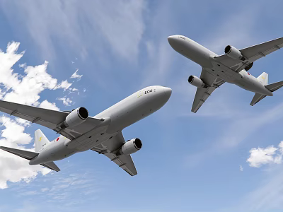 Two Passenger Planes Flying Together in Clear Blue Sky with White Clouds 3d model