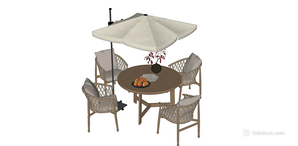 Outdoor Round Table and Four Chairs Set with Beige Umbrella Vase Red Plants and Fruit 3d model 