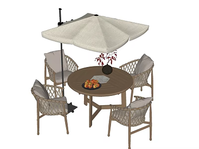 Outdoor Round Table and Four Chairs Set with Beige Umbrella Vase Red Plants and Fruit 3d model