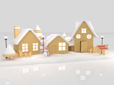 Cartoon Winter Scene With Small Houses Snow Covered Roofs Street Lamps Snowman And Welcome Sign 3d model