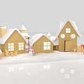 Cartoon Winter Scene With Small Houses Snow Covered Roofs Street Lamps Snowman And Welcome Sign