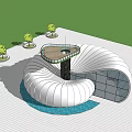 Modern Cultural Center With White Curved Structure Glass Curtain Wall And Top Platform