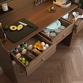 Wooden Kitchen Sideboard Featuring Storage Jars Coffee Maker Utensils And Food