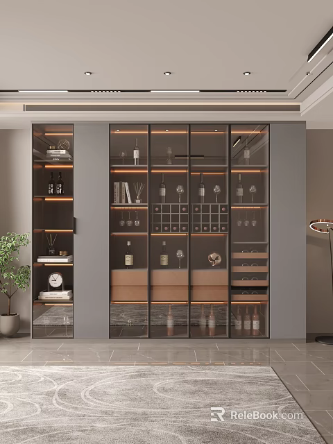 Modern Wine Cabinet With Glass Doors Showcasing Wine Bottles Wine Glasses And Layered Shelves 3d model 