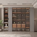 Modern Wine Cabinet With Glass Doors Showcasing Wine Bottles Wine Glasses And Layered Shelves