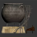 Ancient Bronze Cauldron Setup With Stone Base Wooden Ladder And Stool