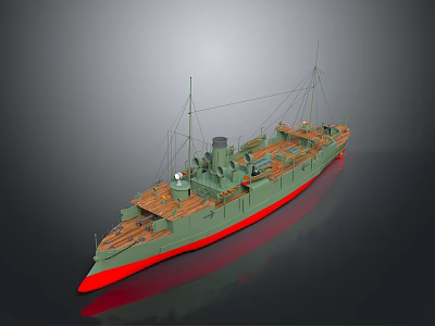 Vintage Model Ship With Green Hull Red Bottom And Wooden Deck Structure 3d model