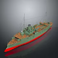 Vintage Model Ship With Green Hull Red Bottom And Wooden Deck Structure