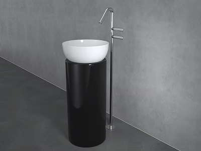 Modern Chrome Faucet With White Basin On Black Pedestal Sink In Gray Bathroom 3d model Modern Chrome Faucet With White Basin On Black Pedestal Sink In Gray Bathroom 3d model