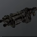 Vintage Industrial 3D Weapon with Multiple Cylindrical Barrels Metal Parts Red Accents and Mechanical Details
