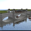 Ancient Chinese Architectural Bridge With Stone Arches Pavilion Boat And Water Reflection