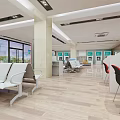 Modern Service Hall Interior With Waiting Seats Service Windows Information Display And Wooden Flooring