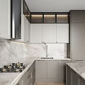 Modern Kitchen Interior With Gray Cabinets Marble Countertops Island And Wine Storage