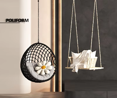 Modern Indoor Hanging Chairs Black Mesh With Daisy Cushion And Light Rattan With White Blanket 3d model